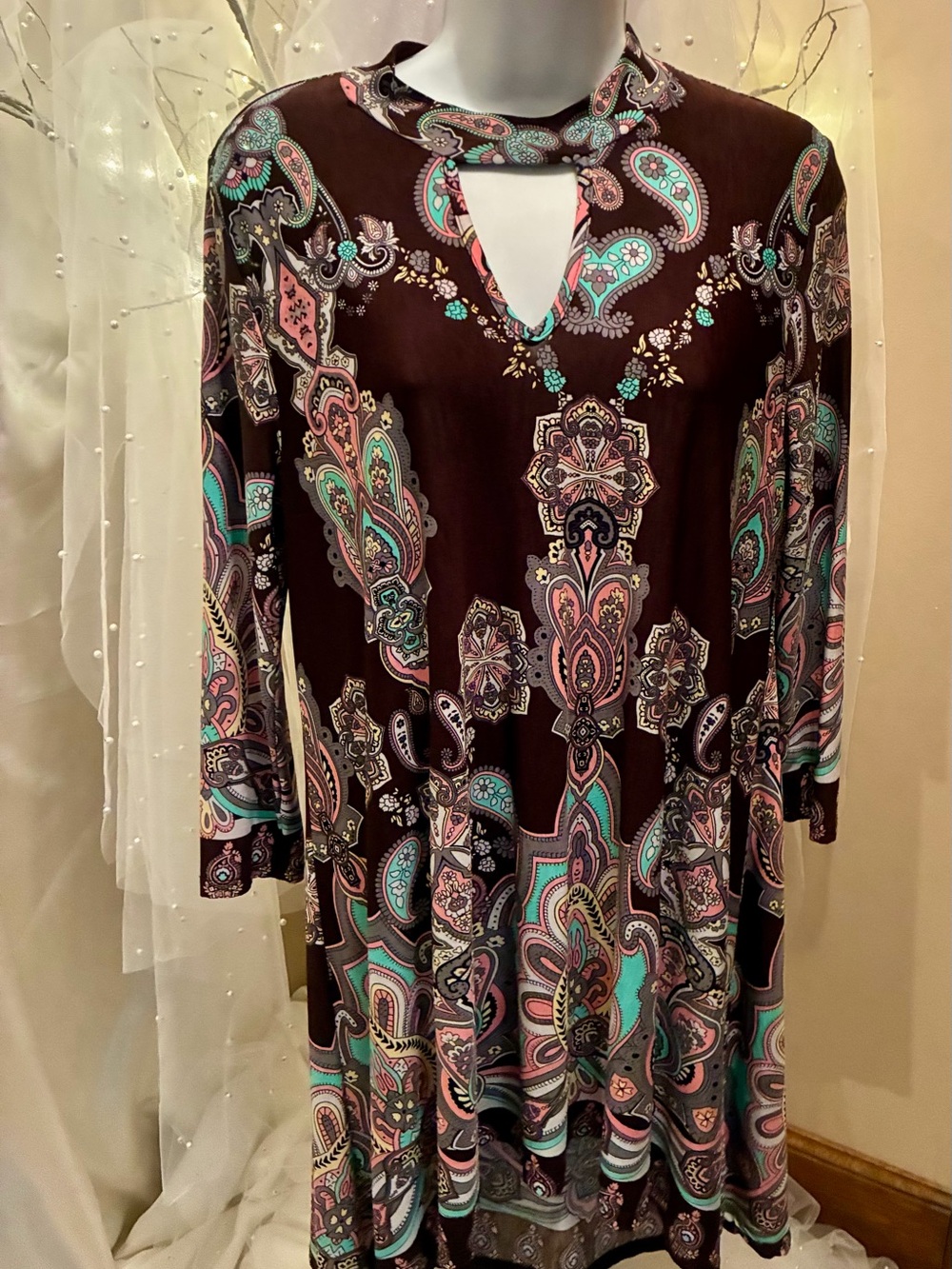 Brown Paisley Keyhole Swing Dress with Teal and Pink Accents